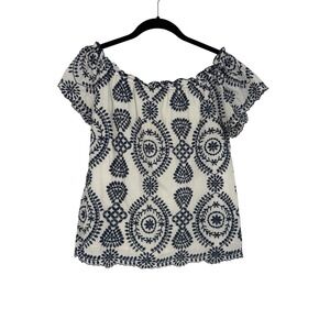 Adiva Womens White Navy Blue Embroidered Off Shoulder Cotton Gauze Boho Top M